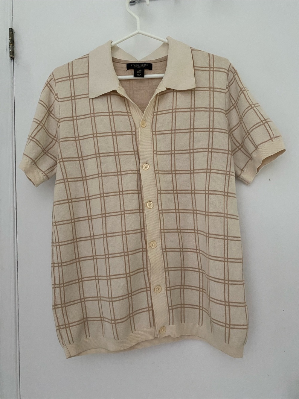 ETHAN PIERCE Preppy Beige Tan Plaid Short-Sleeve Knit Polo Shirt Size Medium